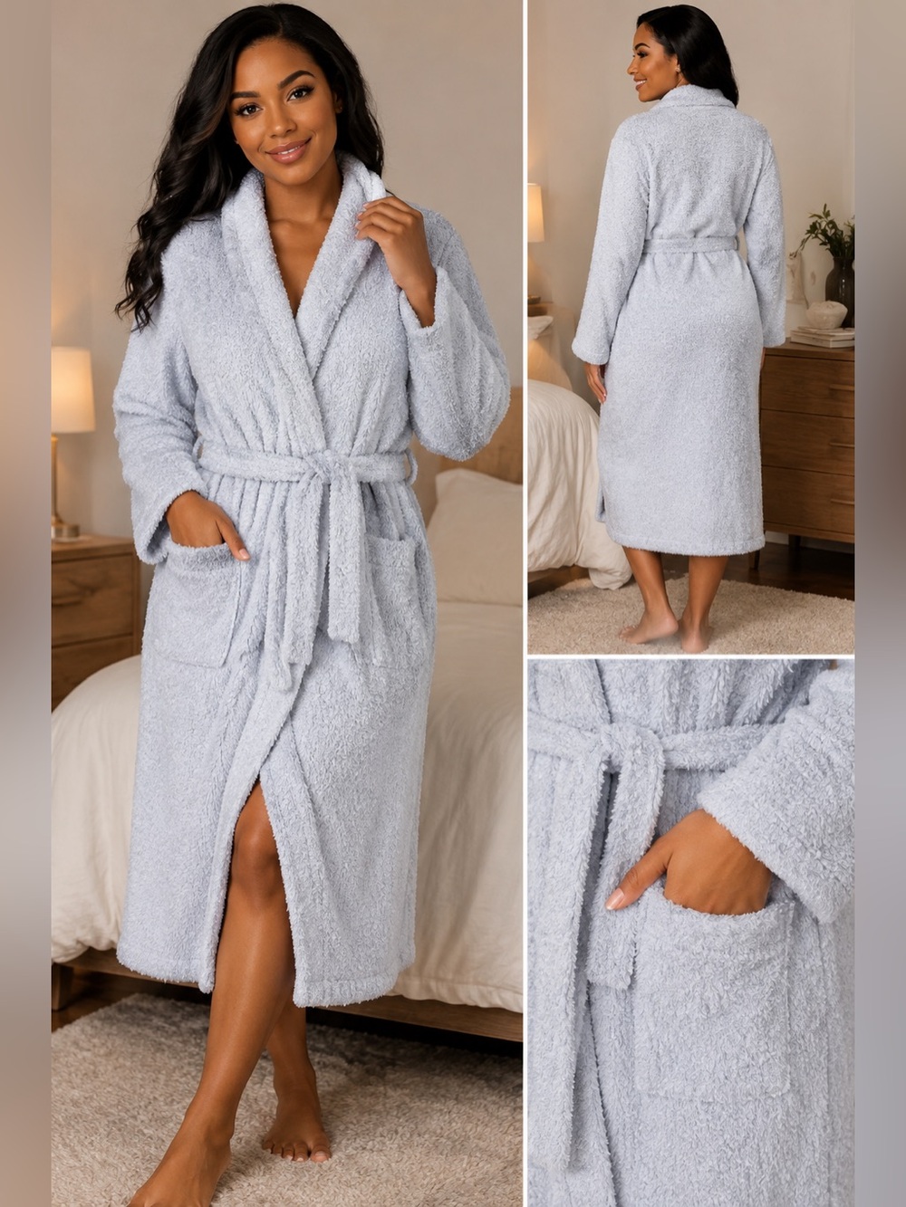 NWT Kashwére Signature Shawl Collar Robe Large Ice Blue Chenilla Plush